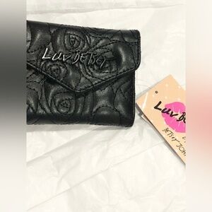 Betsey Johnson black rose quilted foldover Luv Betsey monogram wallet‎ new